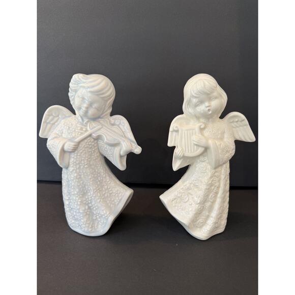 Vintage Porcelain Angel Figurines Violin & Harp Musician Pair Holiday Decor - Picture 1 of 10